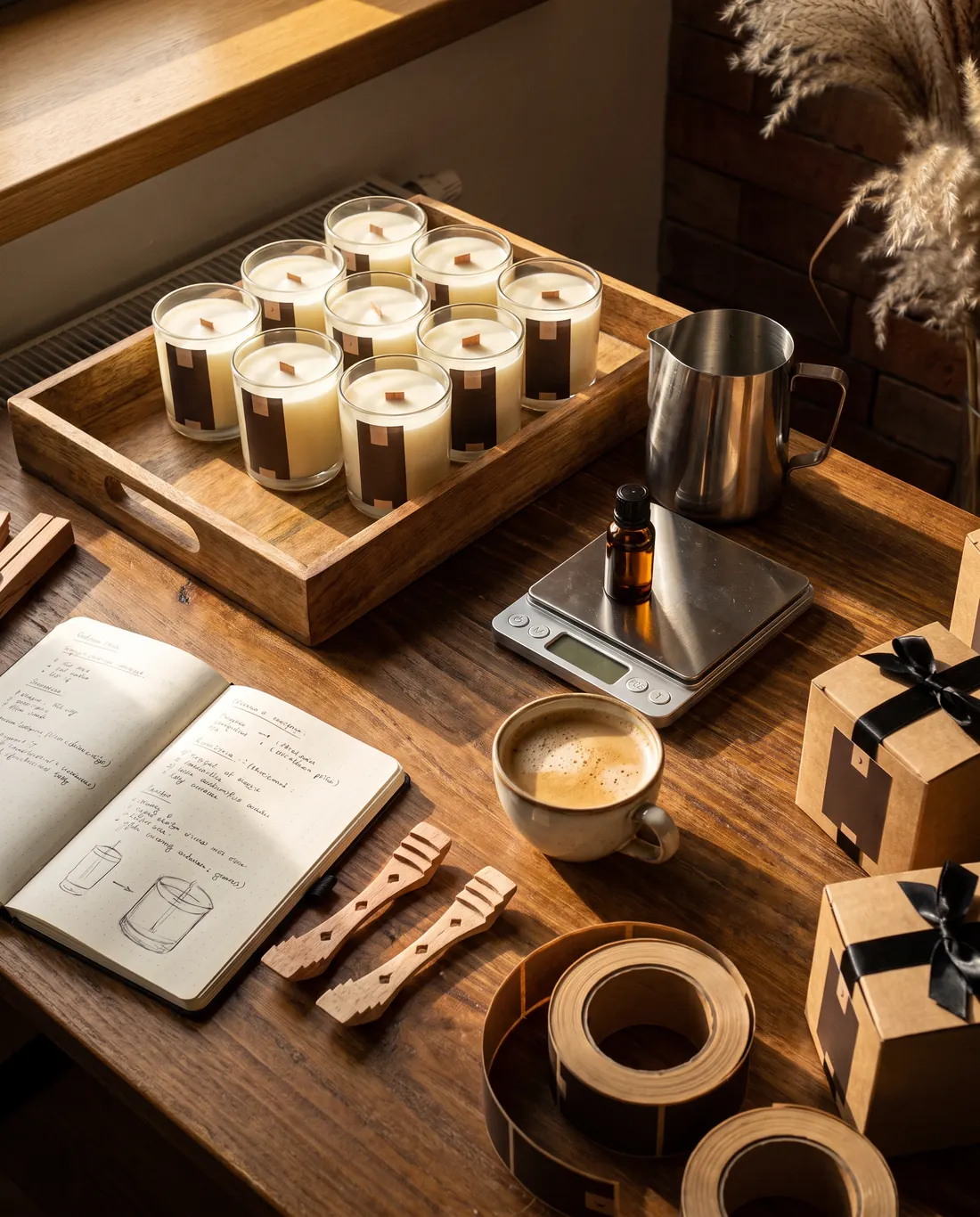 Bancada do ateliê da Caluá com velas recém despejadas, jarra de cera, balança e caderno de receitas