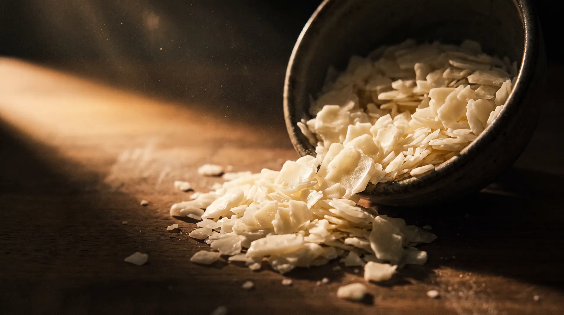 Flocos de cera vegetal caindo de uma tigela de cerâmica sob luz quente